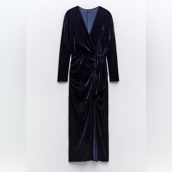 Zara Ruched Velvet Midi Dress Blue - Picture 2 of 6